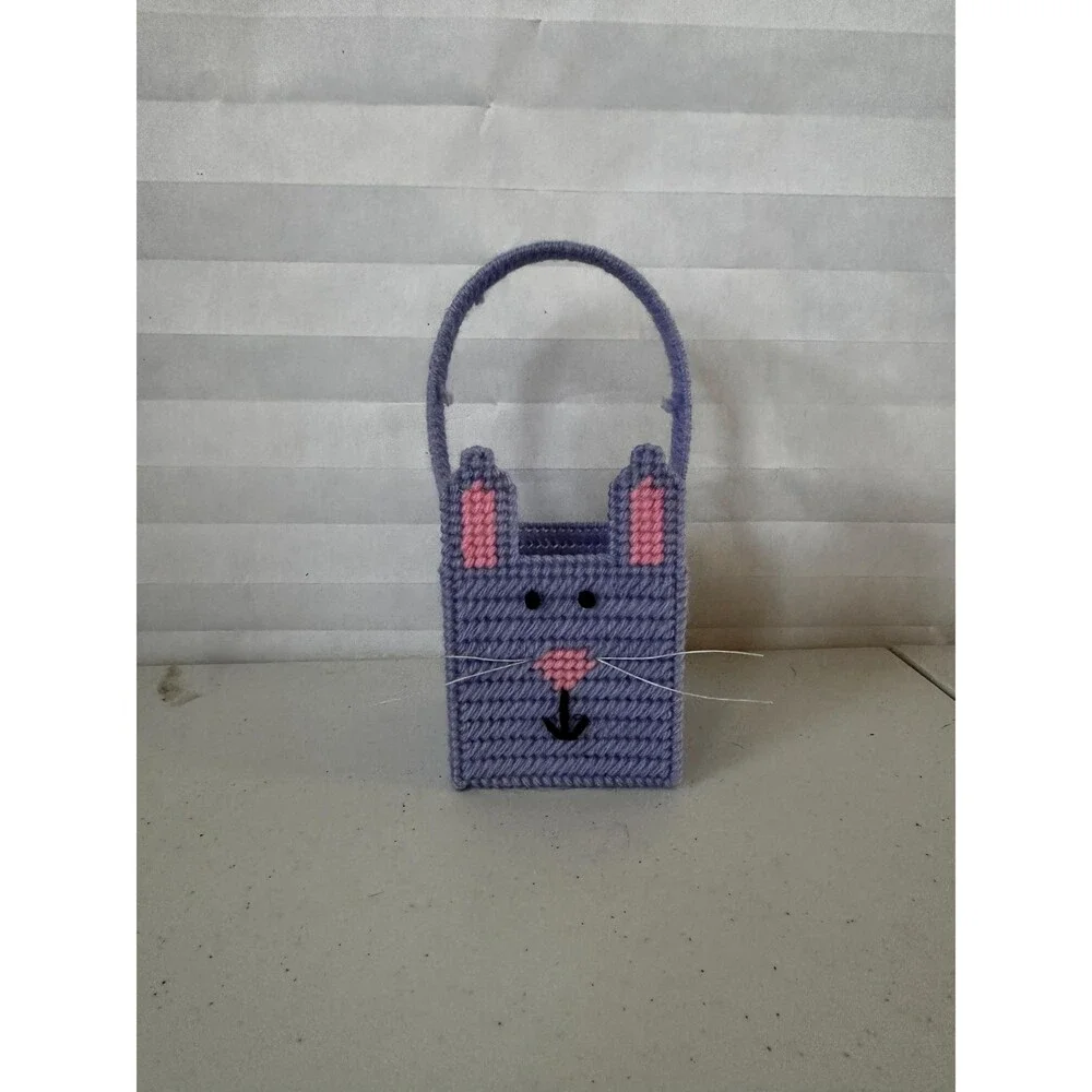 Mini Easter Basket Purple with Bunny – Colorful Plastic Canvas Handmade Gift
